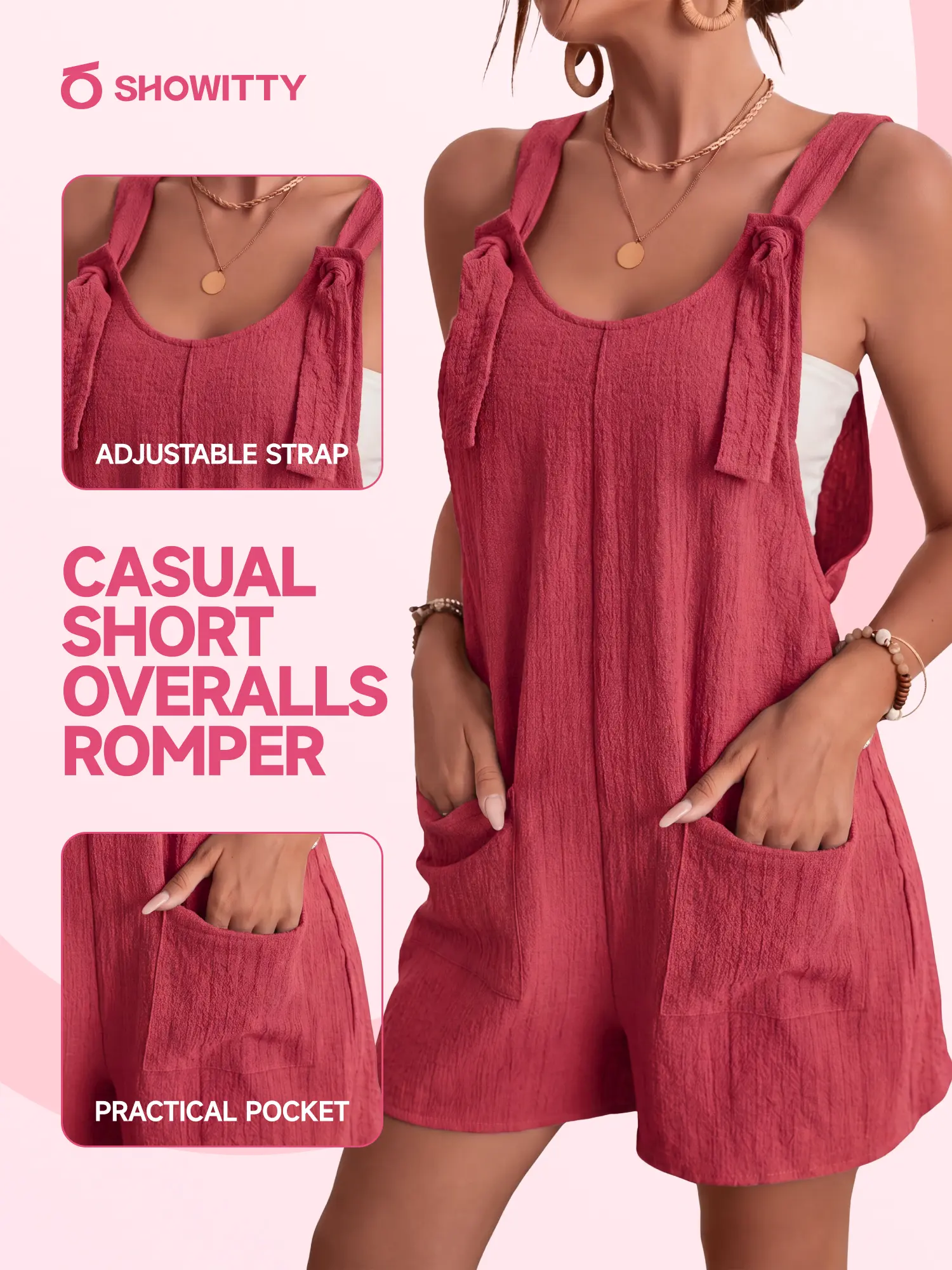 【One & Done】SHOWITTY Womens Sleeveless Romper Casual Loose Fit Adjustable Strap Short Jumpsuit with Pockets