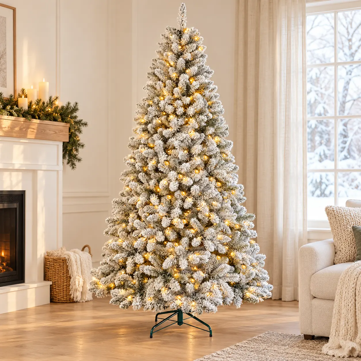 Bringstar Pre-Lit Snow-Flocked Artificial Christmas Tree - 400 Warm White LED Lights, 1,001 Branch Tips, Foldable Metal Stand, Home Holiday Decor Artificial Tree christmas decor Light Whip christmas trees