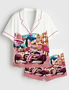 Women’s Beach Dog Pajama Set, Crabs Pineapples Palm Trees Pups In Sunnies Print, Short Sleeve Summer PJs, Cute Tropical Dog Sleepwear