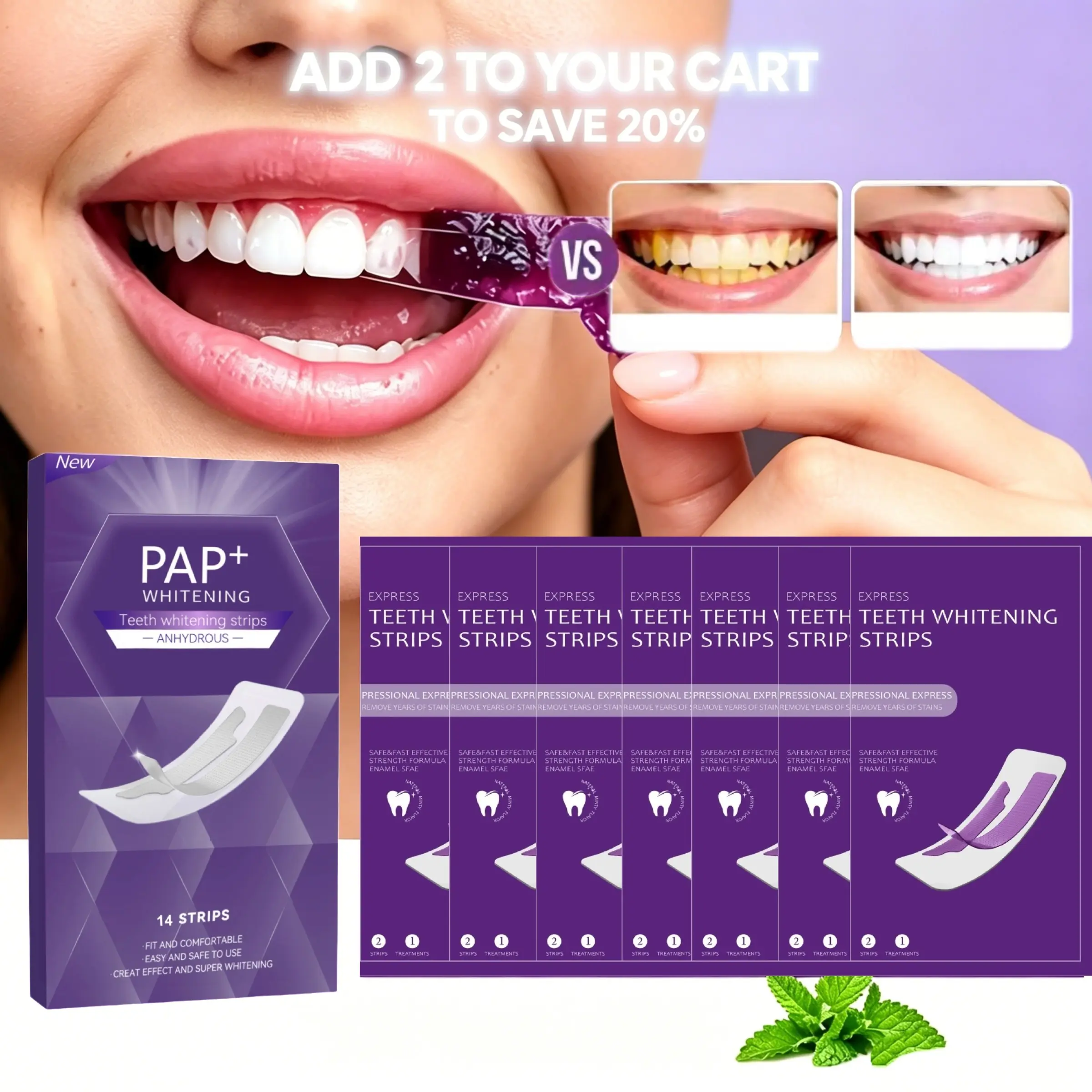 PAP+ Teeth Whitening Strips 7 Pairs/14 Pcs Gentle Purple Teeth Bleaching Strips Daily Travel Use Deep Brighten Teeth Stain Remover for Dating Party Confident Smile Teeth Brightening Strips