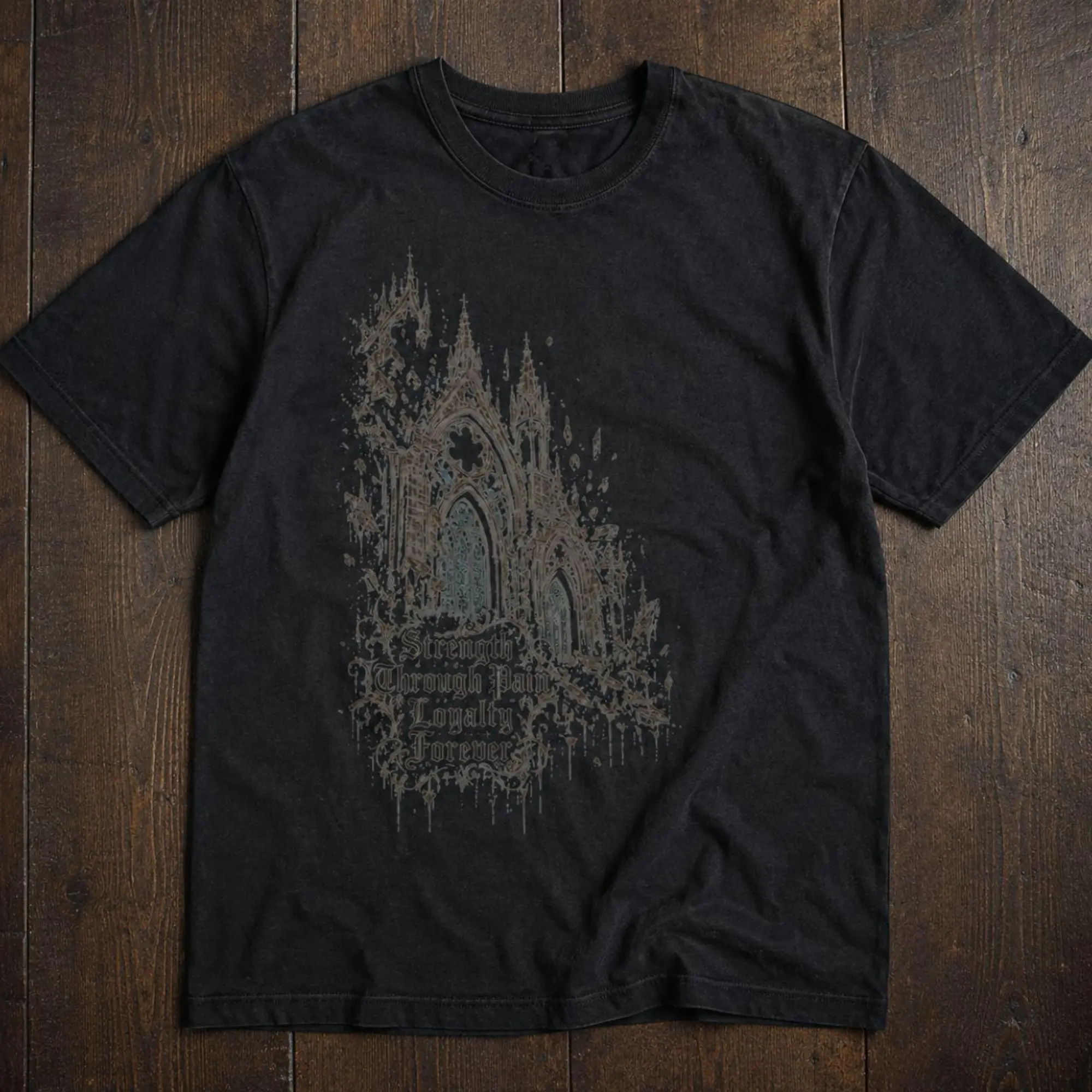 Vintage Gothic Cathedral Castle Architecture T-Shirt - Retro Strength Through Pain Loyalty Forever Graphic Tee, Dark Aesthetic Shirt, Graphic T-Shirt 100% Cotton, Unisex Shirt Menswear Womenswear Streetwear Cotton Comfort