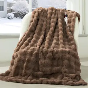 Faux  Heated Blanket Throw Camel - Luxury   Bubble Electric Blanket with 6 Heating Levels, 4 Time Settings, Ideal  for Women, Machine Washable (50"x60")