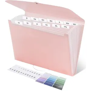 Expanding File Folder A4,13 Pockets File Organiser with Colored Tags, Paperwork A4 Plastic Wallet Document Storage Expander for School,Office and, Pink