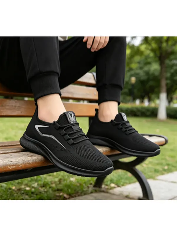 Men's Knitted Running Shoes - Breathable Lightweight Low-Top Lace-Up Sneakers with Round Toe, Durable PU/Fabric Build, Suitable for Outdoor Jogging, Training, Casual Wear