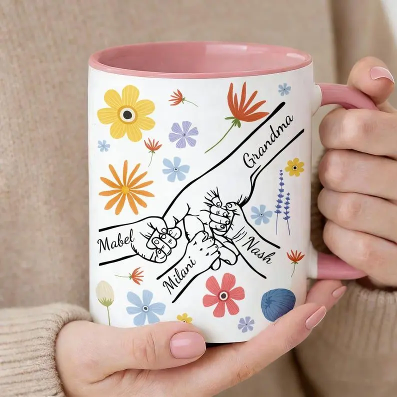 Personalized Holding Mom's Hand Mug,Custom Mother's Day Gift,Mama Birthday Mug Gifts,Family Keepsake for Mum Mommy, Grandma, Mom Mug with Kids' Names Ceramic Drinkware