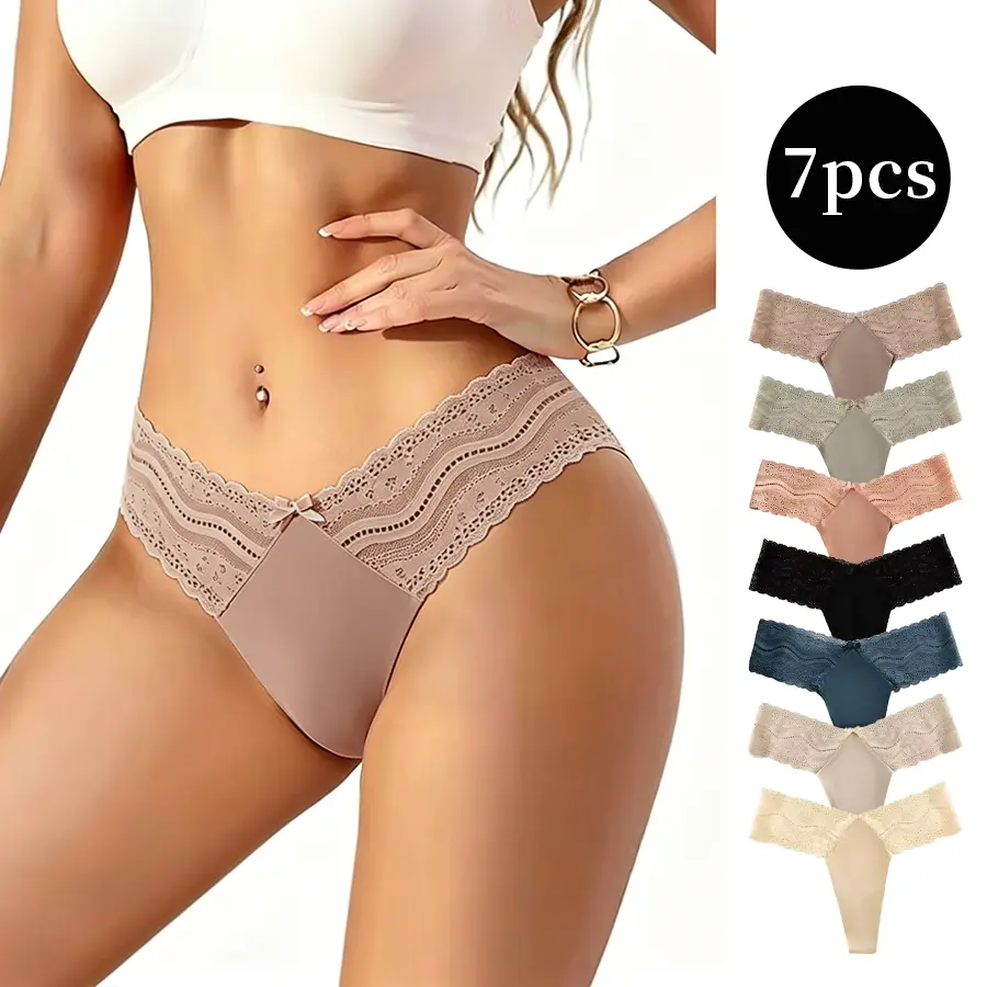 Women's 7pcs Bow Decor Sheer Lace Panty, Soft Stretch Breathable Comfortable Lace Trim Knickers For Daily Wear, Women's Underwear Bottoms For All Seasons