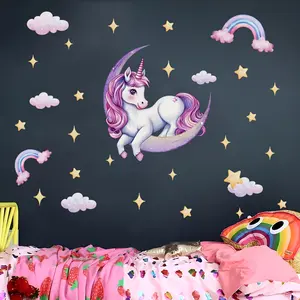 A set of two (30*90cm*2pcs) new-style moon unicorn cloud star dreamy wall stickers, suitable for decorating the background walls of living rooms, bedrooms, and princess rooms (B19006-NC)