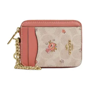 COACH Leather Floral Print Metal Logo Coin Purse and Card Holder for Women in Pink
