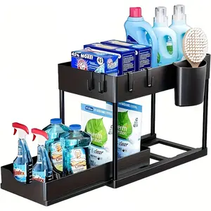2-Tier Sliding Mechanism Under Sink Organizer Box, Plastic Storage Basket, Versatile Storage Solutions, Kitchen Spice, Cosmetics, Bathroom Drawer Rack, Durable, Compact Design, All Seasons