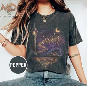 Youth and Adult Vintage Lantern Fairytale Princess Shirt, Dreamy Floating Lights Graphic Tee, Long Hair Princess Inspired Outfit, Castle Night Sky Aesthetic Shirt, Family Vacation Matching Tee, Comfort Colors Style