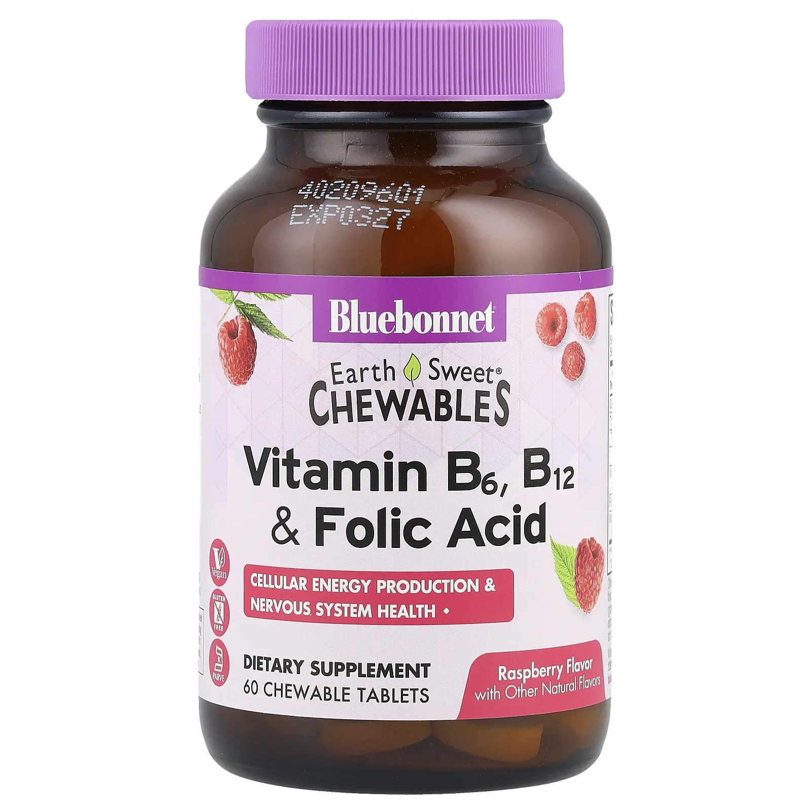 Bluebonnet Nutrition Earth Sweet® Chewables, Vitamin B6, B12 & Folic Acid, Raspberry, 60 Chewable Tablets