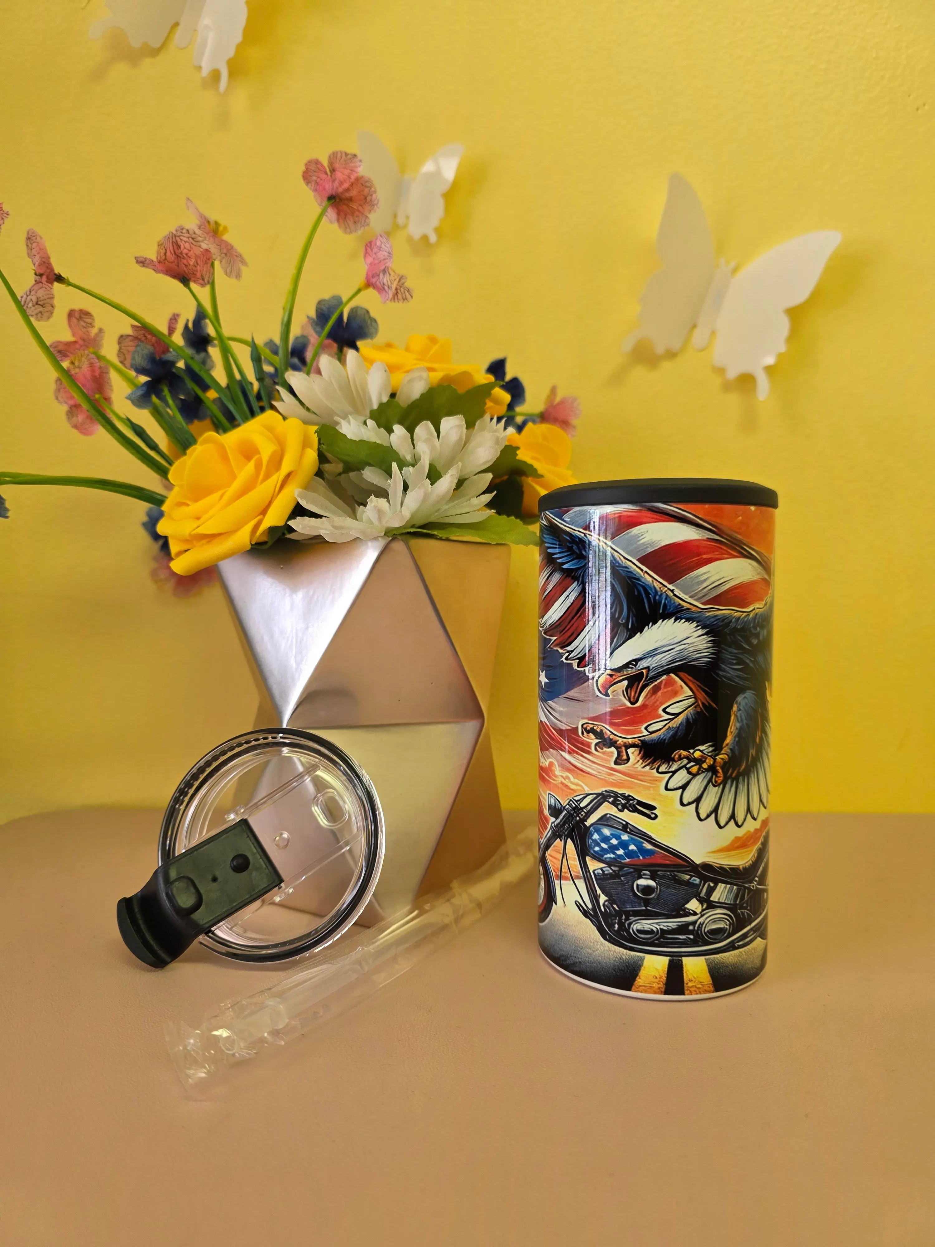 Handmade 4‑in‑1 Insulated Stainless Steel Tumbler & Koozie – 14oz Can/Bottle Holder with Built‑In Bottle Opener – Motor Cycle Bald Eagle American Flag Design