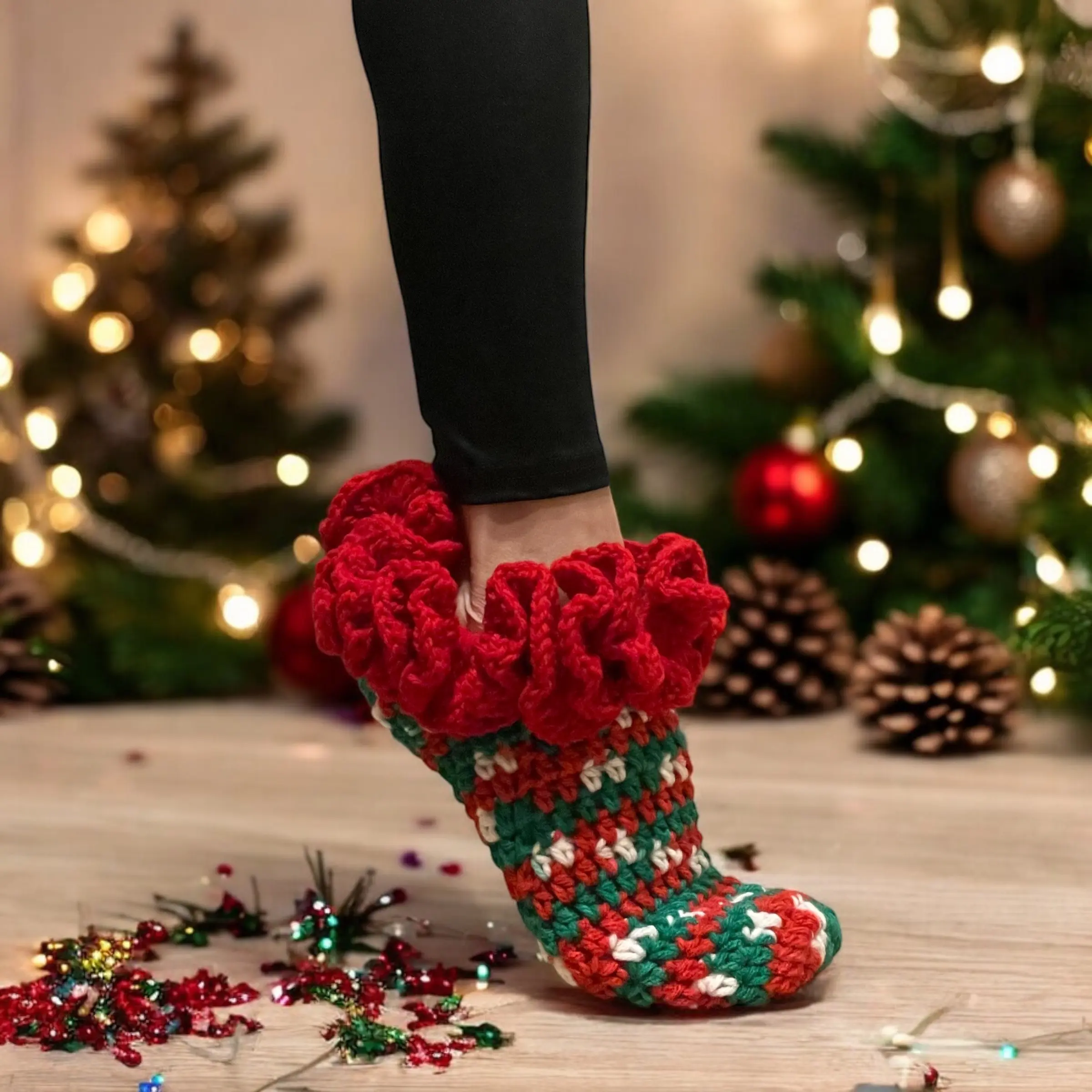 Handmade Crochet Mistletoe Ruffle Bootie for Women - Festive Christmas Slipper - Footwear