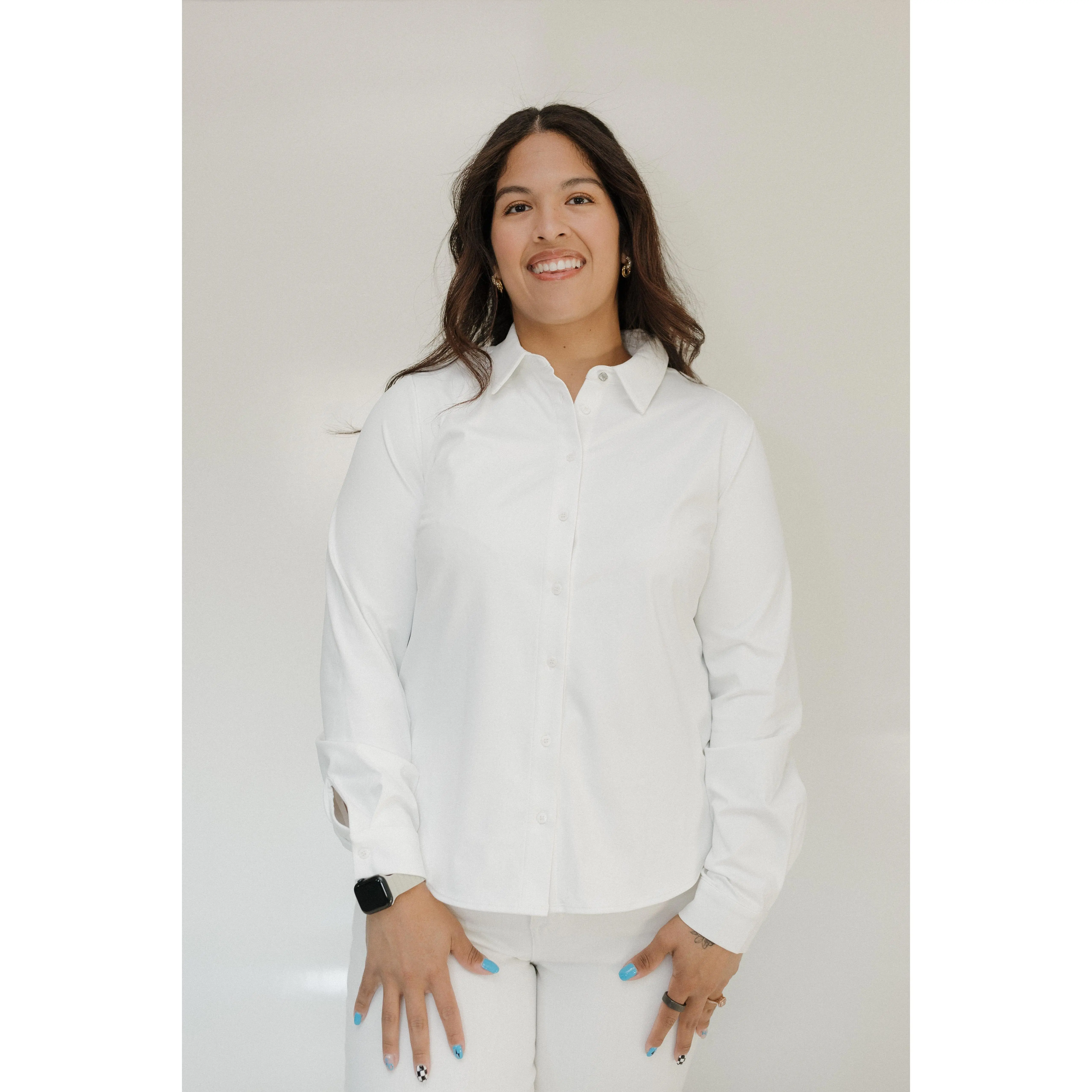 Women's Wrinkle-Free Stretchy Knit Blouse in Ecru - Classic Collared Long Sleeve Button-Up Top with Cuffed Sleeves for Office & Travel, Longsleeves, Shirts, Essential, Basic, Chic, Elegant, Everyday, Fabric, Fit, Piece, Tops, Minimalist