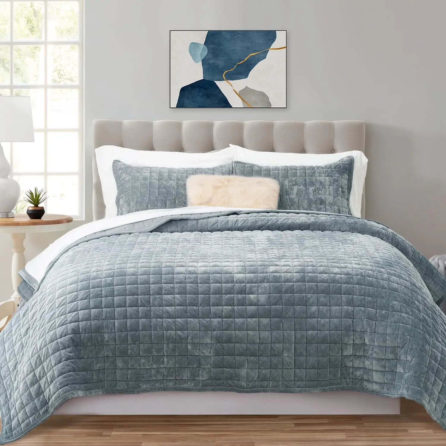 King Size Navy Blue Geometric Velvet Quilt Set - Quilted, Soft, Ultra-Lightweight, Durable Channel Box Oversized Coverlet Comforter with 2 Shams, Fade Resistant, No Shrinking, Machine Washable, Contemporary, All Seasons Use
