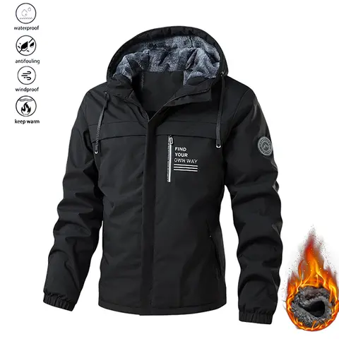 Men’s Fitted Western-Style Hooded Fleece Jacket - Outer Layer Style, Cozy Core, Thick, Windproof, Insulated, Casual Outdoor Sports Cold-Weather Outerwear, Machine-Washable