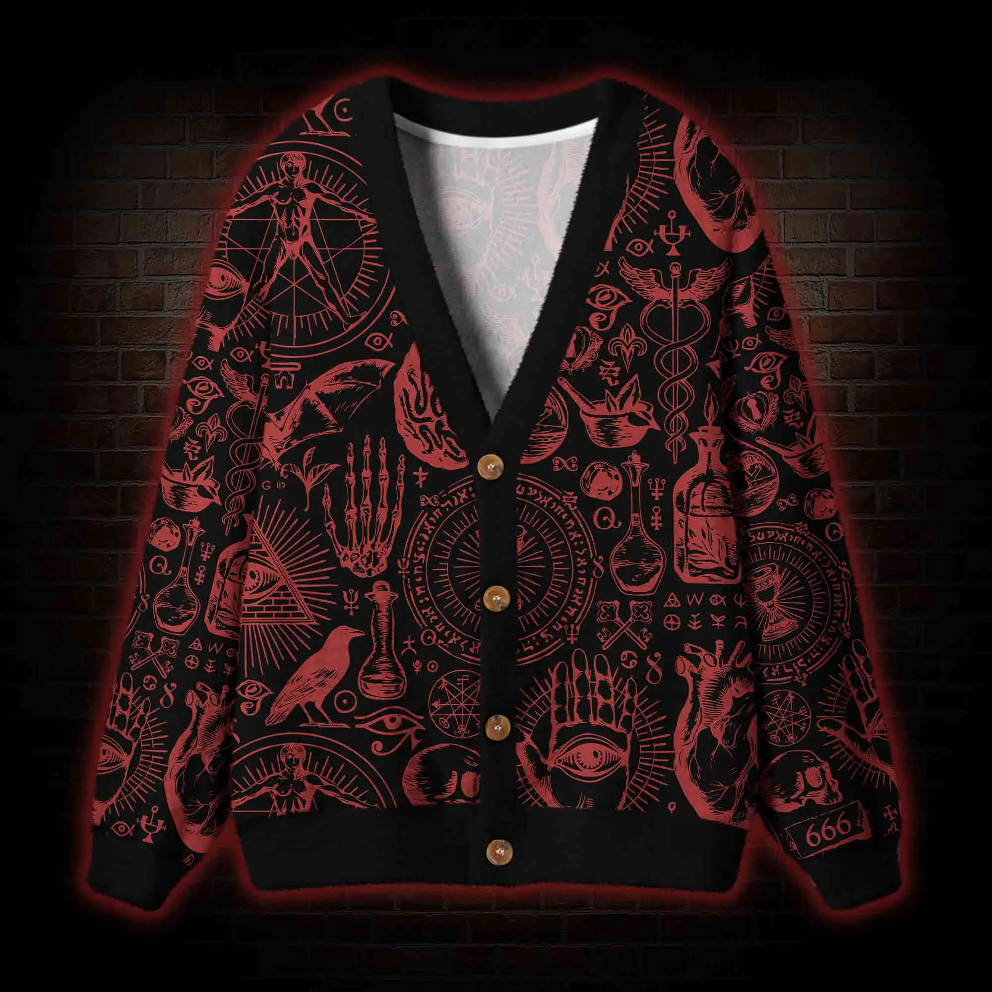 Dark Occult Alchemy Magic Cardigan, Spooky Season Witchy Aesthetic V-Neck Button Down Top, Alternative Grunge Streetwear Outerwear