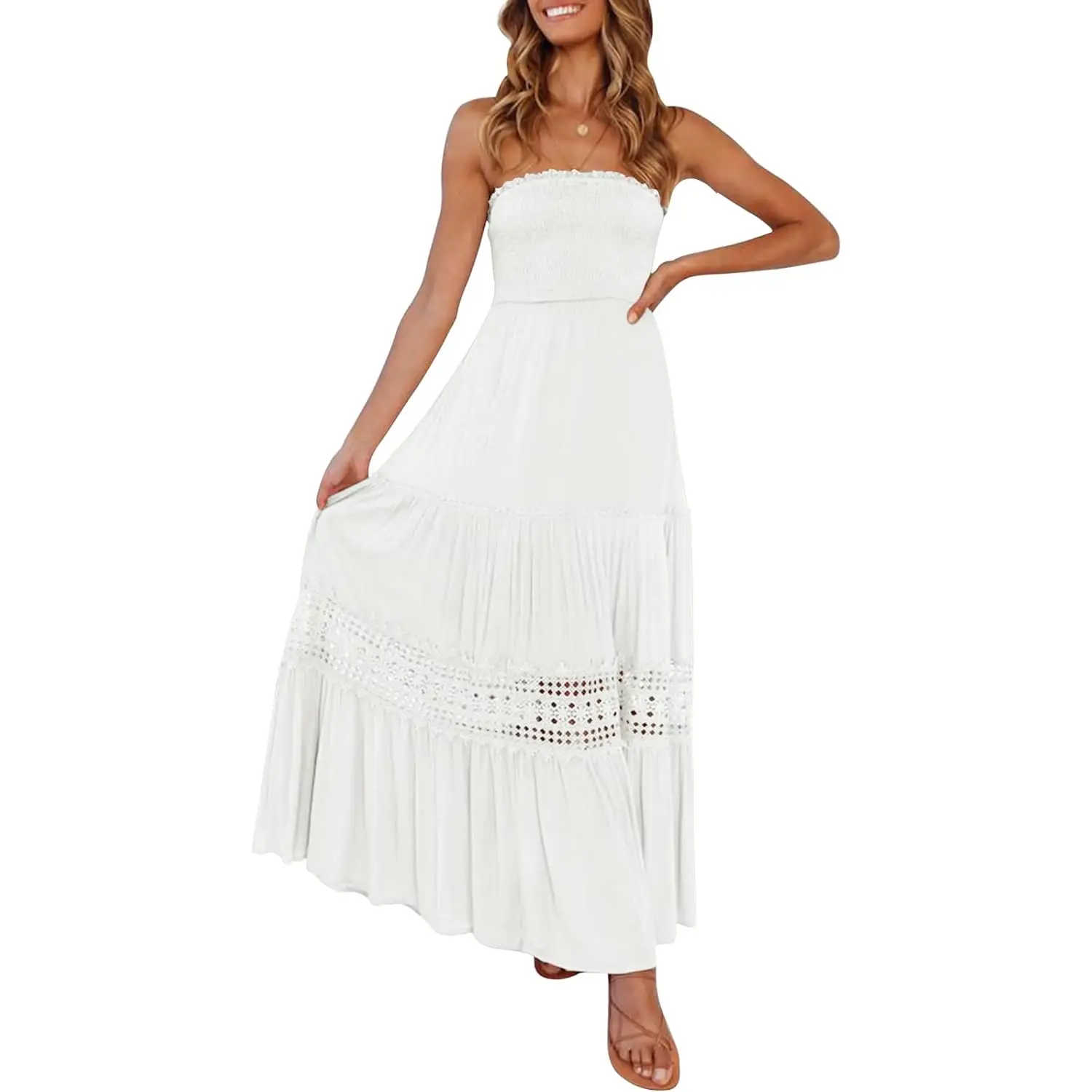 ZESICA Women's 2025 Summer Bohemian Strapless Off Shoulder Lace Trim Backless Flowy A Line Beach Long Maxi Dress Casual Womenswear Lady Casual Wear Mi
