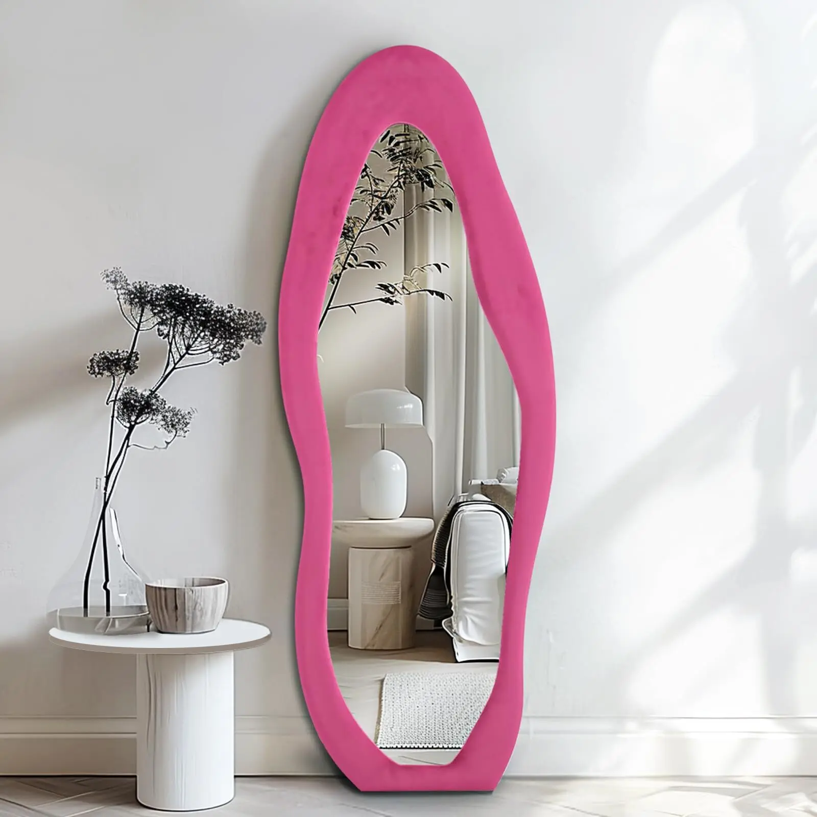 Modern Full Length Mirror 63"x24" Irregular Full Body Mirror Wall Mounted Floor Mirror with Stand Pink Flannel Frame Leaning Hanging Wall Mirror for Bedroom Entrance