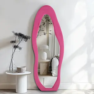 Modern Full Length Mirror 63"x24" Irregular Full Body Mirror Wall Mounted Floor Mirror with Stand Pink Flannel Frame Leaning Hanging Wall Mirror for Bedroom Entrance