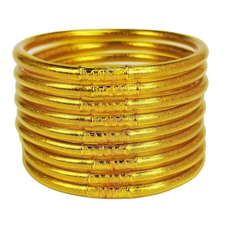 Women’s 9‑Pcs Stackable Jelly Bangle Set, Body‑Safe Silicone Carved Cow Stamp Bangles with Fine Glitter, Colorful Mix‑and‑Match 90s Retro Bracelets, Trendy Daily Costume Jewelry Gift