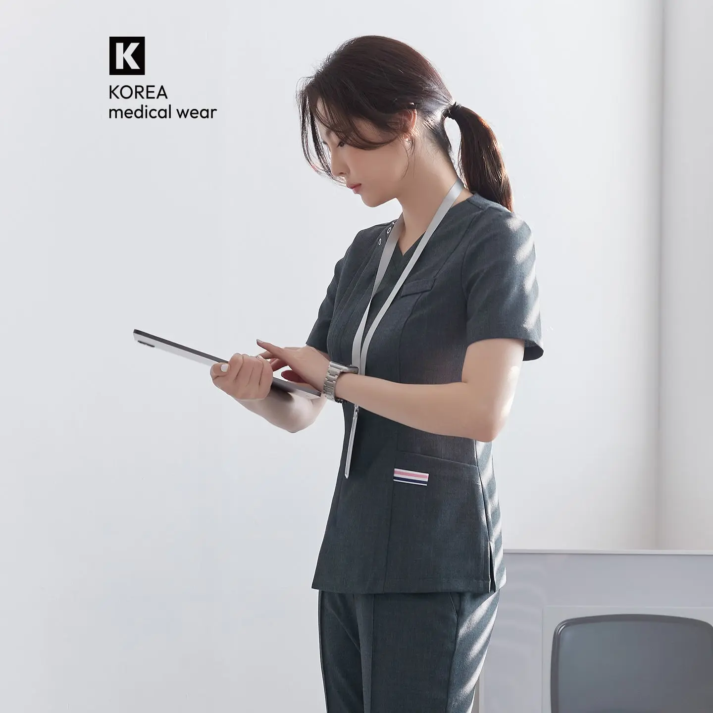 TUL | OS-182 Women's Front Zipper Scrub Top - Charcoal Gray