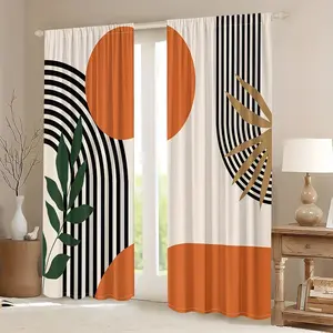 Abstract Geometric Square Digital Print Curtains, Half-Transparent Privacy Drapes for Living Room & Bedroom, Sweet Style Decorative Window Covering, Home Decoration Curtain, Home Textile