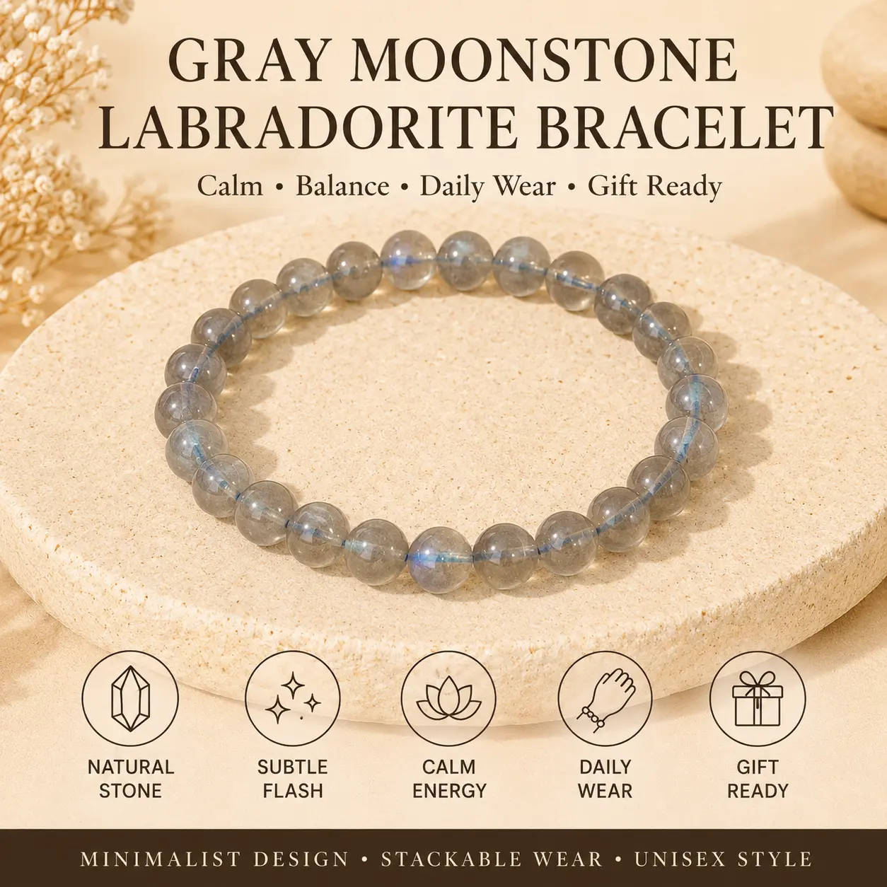 Unisex Minimalist 6.5mm Natural Labradorite Crystal Gemstone Bracelet - Translucent Gray Moonstone Beaded Stretch Bangle for Daily Wear, Moonstone Crystals, Easy To Stack, Gift-Ready