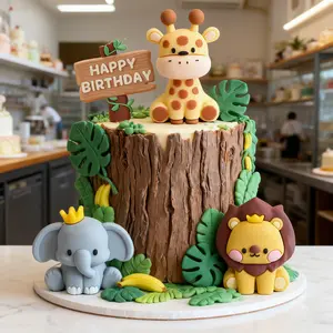 4 Piece Set Forest Animal Cake Decorations, Tropical Jungle Mini Animals Figurines, Elephant Giraffe Lion Birthday Cake Topper, Birthday Celebration, Cake Figures