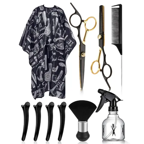 10pcs Hairdressing Tool Set, Hair Tools, Hair Grooming Kit, Heatless, Includes Scissors, Thinning Shears, Barber Apron, Comb, Clips, Spray Bottle, Suitable for Home & Professional Use, Barber Kit, Haircut Kits, Barber Equipment Kit