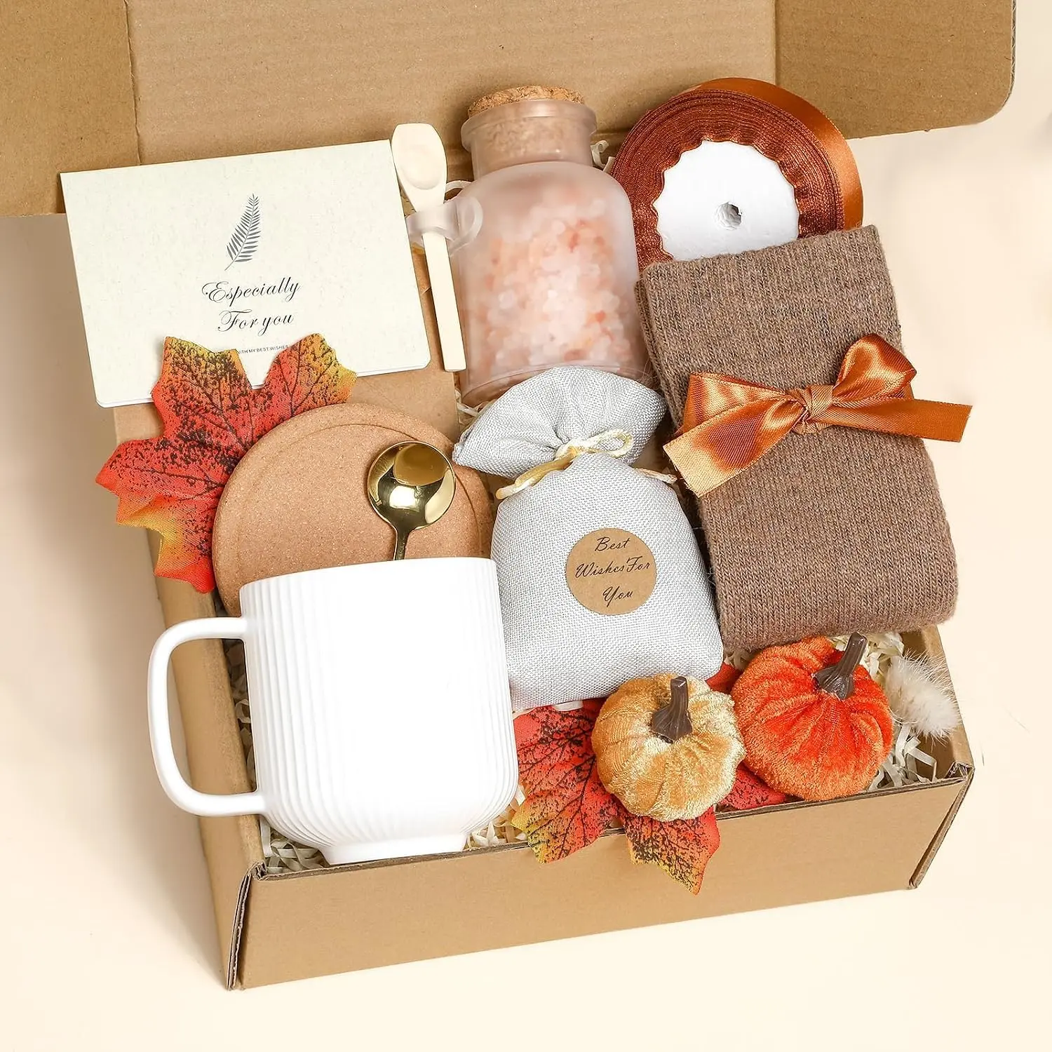 Halloween Fall Gift  Box for Women, Autumn Gifts Baskets for Her, Thanksgiving Gift, Self Care Box Set Include Coffee Mug Bath Salts Sachet Socks for Friend Family Grandma Teacher Autumn Birthday Holiday Gifts