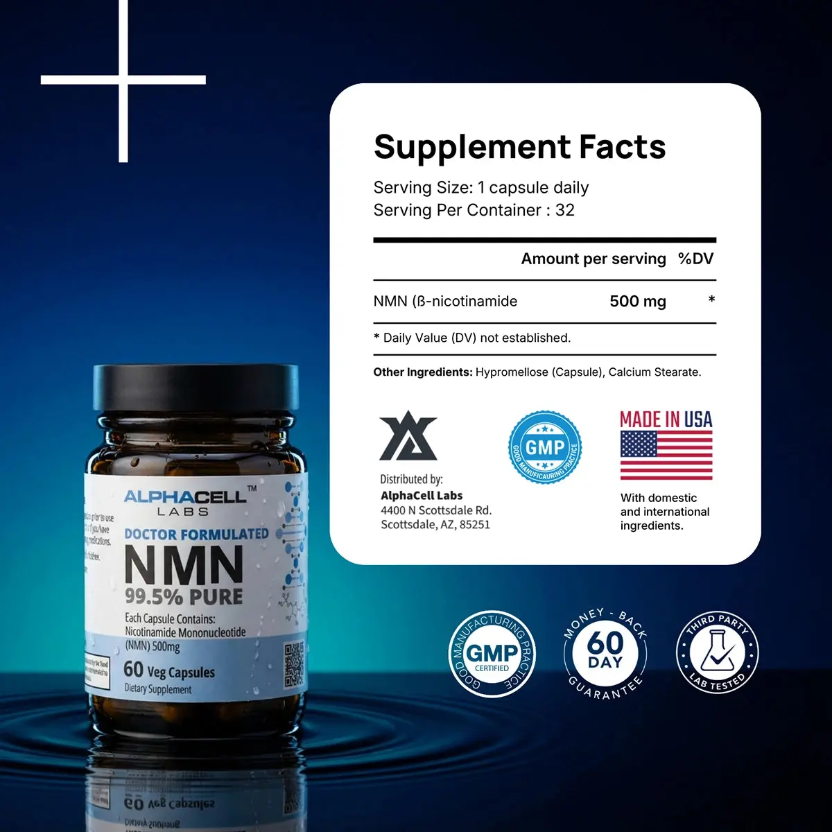 AlphaCell Labs Pure NMN 500mg 99.5% High-Purity Nicotinamide ...