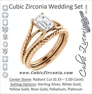 CZ Wedding Set, featuring The Manuela engagement ring (Customizable Cathedral-set Radiant Cut Solitaire with Rope-Engraved Split-Band)