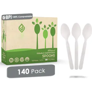 Compostable Spoons - 140 Large Disposable Utensils (6.3 in.)  Durable and Heat Resistant Alternative to Plastic Spoons with Convenient Tray