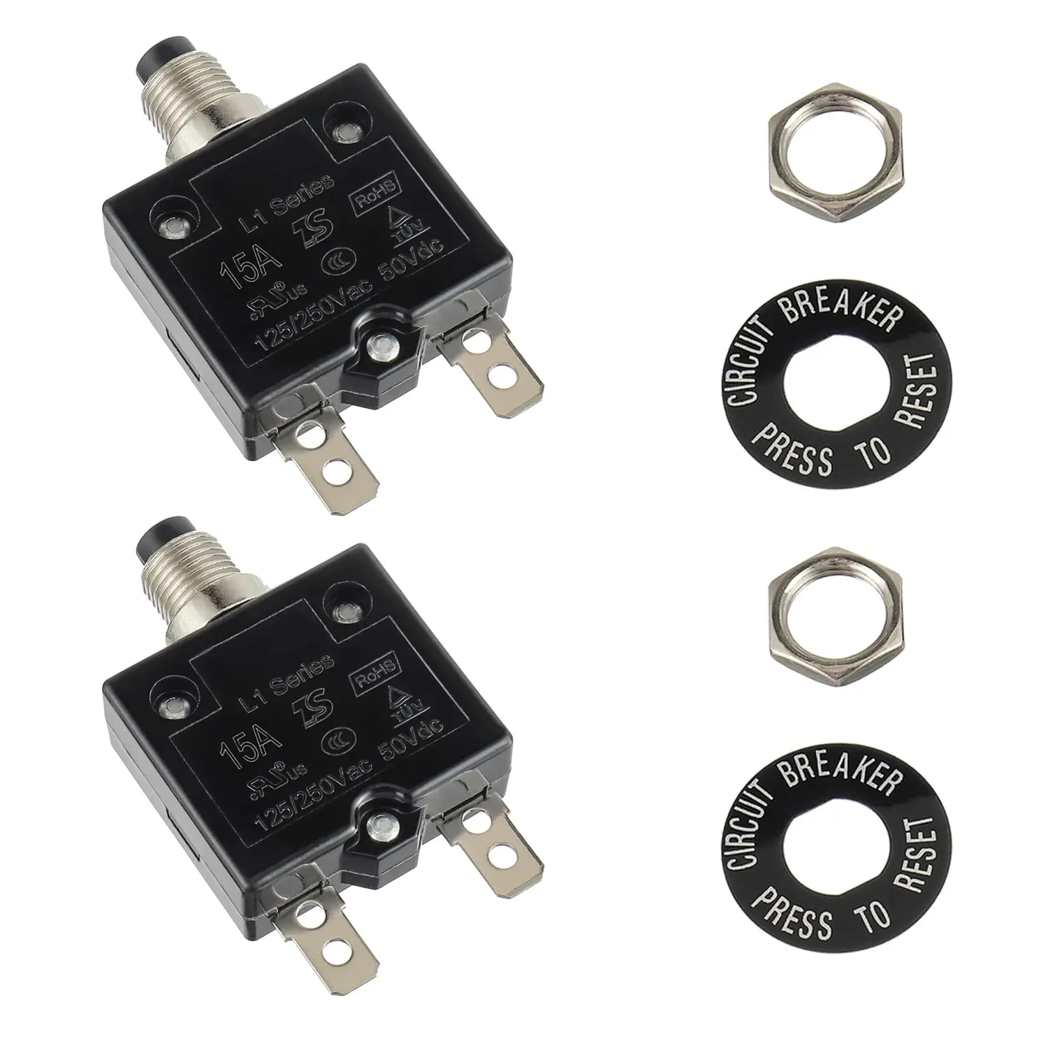 HUWREW 15 Amp Push Button Circuit Breaker 125-250V AC 50V DC L1 Series Manual Reset Thermal Circuit Breaker 15A Thermal Overload Protector (Pack of 2)