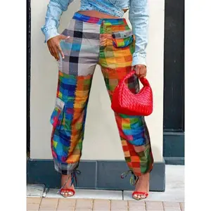 Women’s checkered print drawstring pants, casual loose pocket pants, all-season women’s underwear, women’s pants, women’s clothing GARMENTARY