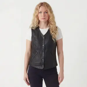 Womens Black Five Snap Lady Biker Leather Motorcycle Vest Comfortable Womenswear Comfy Basic Minimalist