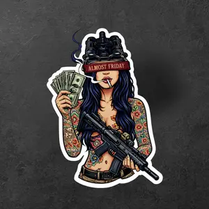 Almost Friday Money Flex Girl – Gun & Cash Tactical Attitude Sticker, Tattoos Vinyl Decal for Helmet, Laptop, Gun Case, Dark Humor Fans