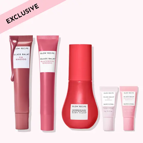 Glow Recipe Korean Dewy Hues TikTok Shop Limited Edition Makeup Kits - Watermelon-Infused Gentle Formula, Fig Bingsoo Ice Glass Lipgloss, Balm, Hyaluronic Acid, Vegan, Cruelty-Free, Morning Routine Glowup Beauty Bundle Kit for Women (Glamour Set)