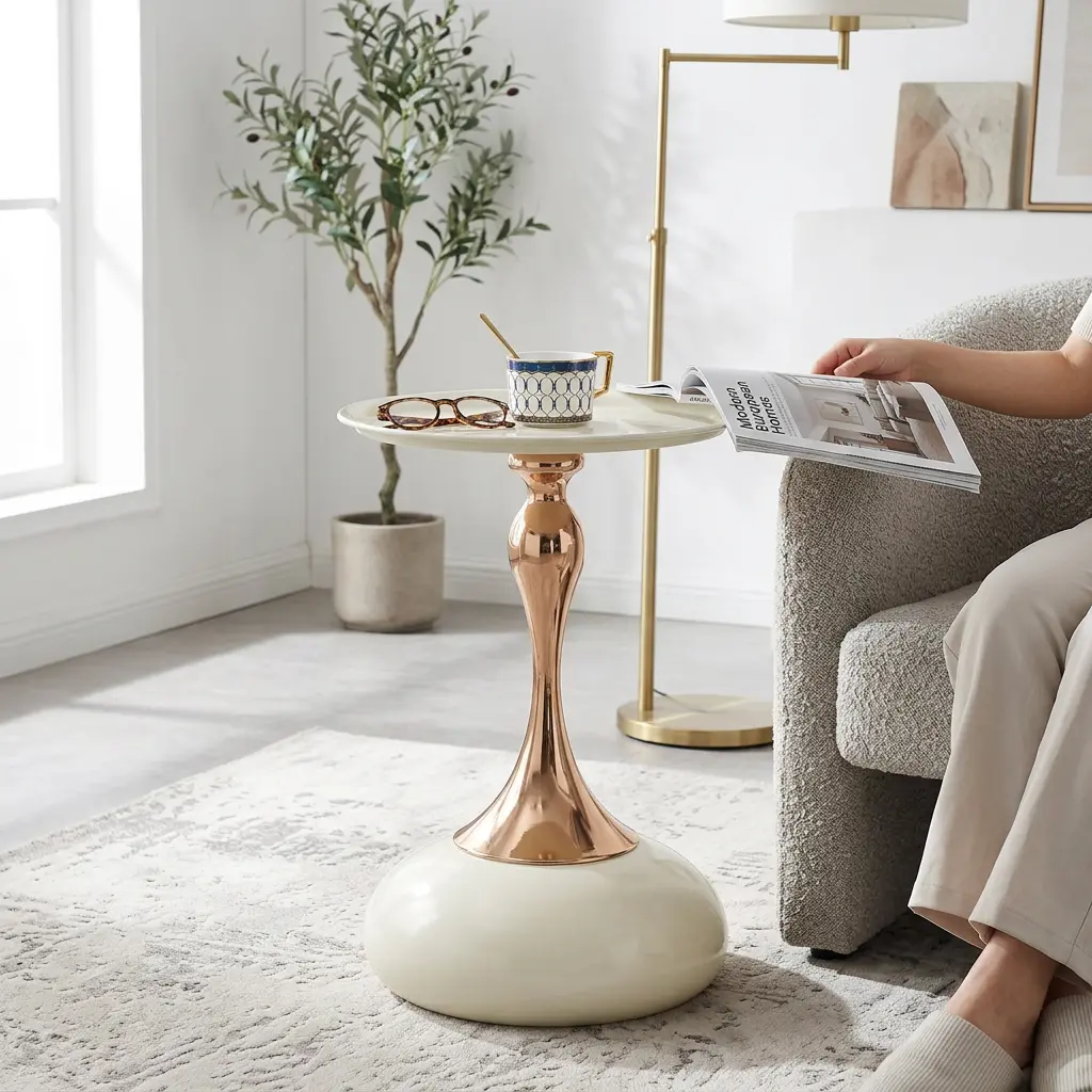 Modern Martini Table, 15" Small Round Side Table with Sturdy Metal Base, White Circle End Table for Living Room, Bedroom Nightstand, Balcony Tea Table, Multifunctional Corner Accent Table for Couch, Sofa & Small Spaces