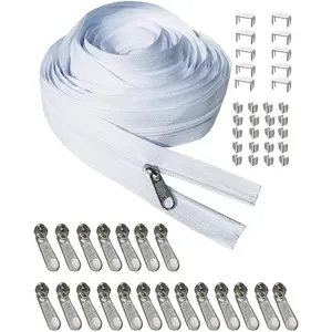 Zipper by The Yard #3 White Sewing 10 Yard Long Zippers in Continuous,Nylon Coil with 20 count Zipper Sliders/Pull and 30 count Stops for Upholstery Sewing