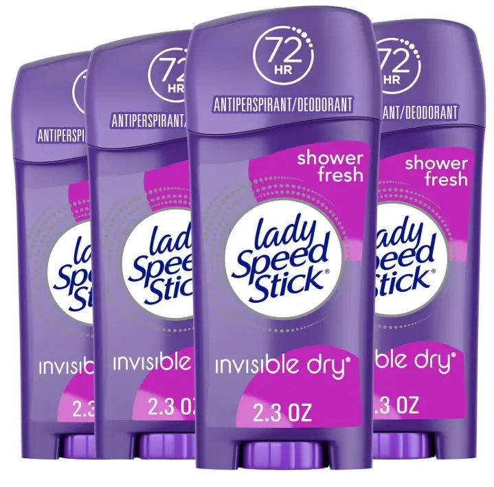 Lady Speed Stick Antiperspirant Deodorant for Women, 72 HR Sweat & Odor Protection, Invisible Dry, Shower Fresh Scent, 2.3 oz Stick (4 Pack)