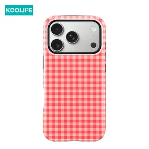 Koolife 1pc Pink & White Gingham Phone Case, 2-in-1 PC+TPU Hard Cover, Shockproof & Scratch-Resistant Glossy Shell for iPhone 17/17 Pro/17 Pro Max/17 Air/16/15/14/13/12/11/XR/XS Max, Cute Preppy Style!
