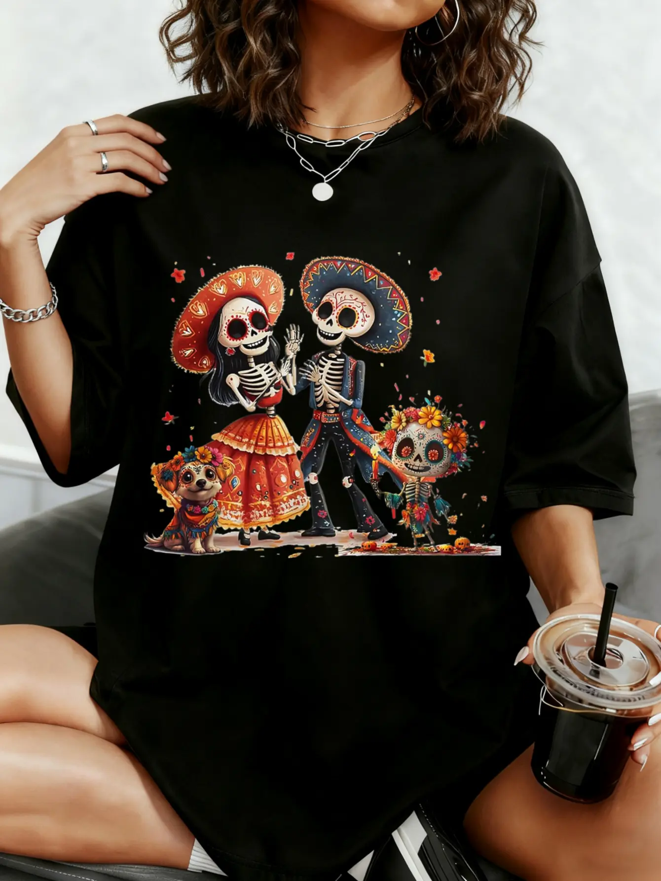 De Los Muertos La Catrina Day of The Dead Women Sugar Skull T-Shirt Top Vintage