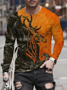 Men's Camo Long Sleeve Fitted T-Shirt, Outdoor Casual Streetwear Looks Graphic Print Top, Trendy Fashion Design, Unique Deer Head Pattern, All Seasons Wear