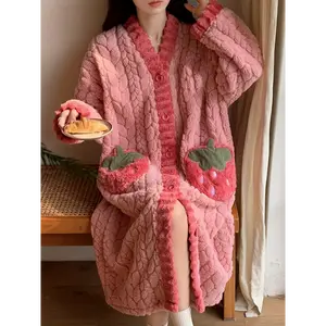 Women's Coral Fleece-Lined Winter Sleep Robe - Mid-Length V-Neck Button Front with Strawberry Pockets, Cozy Plush Long Sleeve Bathrobe for Christmas Thanksgiving Mothers Day Gift (No Pants Included), Indoor Comfort Wear, Coral Fleece Lining