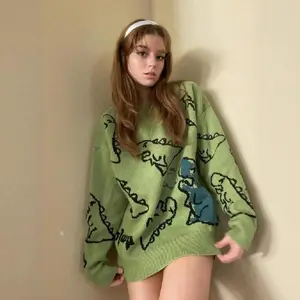 Women’s new trendy round-neck long-sleeve dinosaur sweater (1 piece); loose crew-neck lounge jumper for autumn and winter; casual men’s knitwear for daily wear