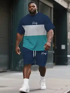 Men's Summer Casual Clothing Set, King Letter Print Short Sleeve Round Neck T-Shirt and Waistband Shorts with Pockets, Loose Fit, All Seasons