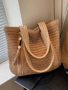 New Large Capacity Fringe Accessory Straw Beach Bag, Perfect for Vacation Travel Shopping Outdoor Use, Stylish and Versatile Tote Bags