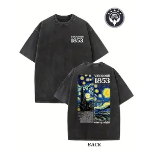 Retro Vintage Van Gogh 1853 Creative Pattern Washed T-Shirt, Double-Sided Print, 230g Heavyweight Pure Cotton, Drop Shoulder, Loose Fit Retro Streetwear, Minimalist Casual Hip Hop Style, Black Basic Short Sleeve Tee for Men Casual Chic Minimalist t shirt
